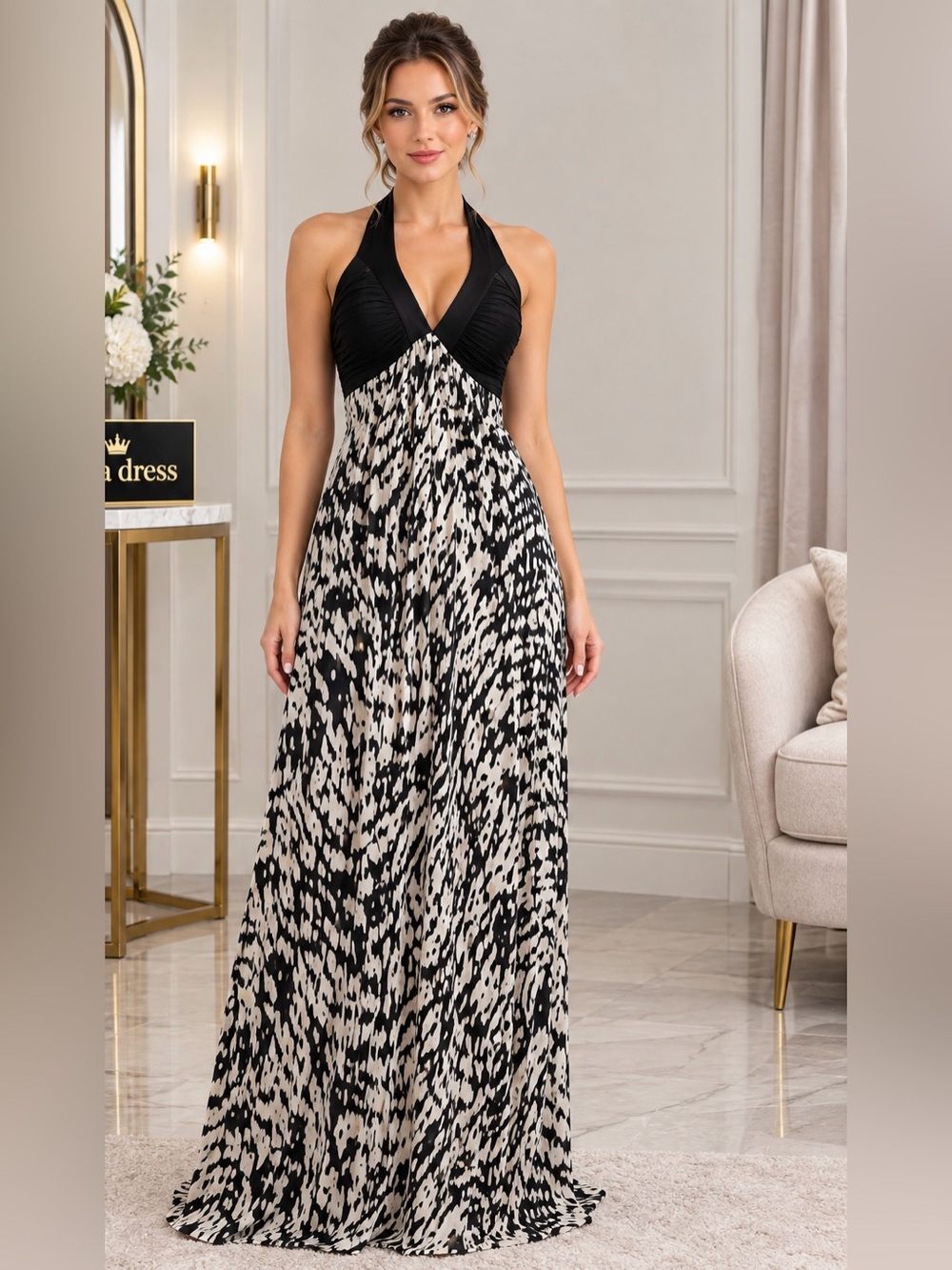 Black & White Printed V-Neck Maxi Dress